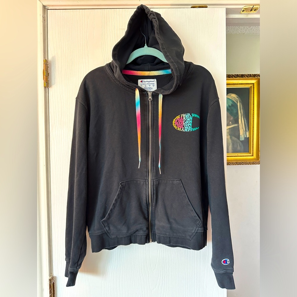 Champion full zip hoodie women’s size large - rainbow logo and strings